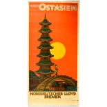 Travel Poster East Asia North Germany Lloyd Bremen Pagoda