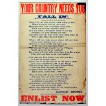 War Poster Your Country Needs You Enlist Now UK WWI Recruitment