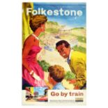 Travel Poster Folkestone Kent British Railways Boulogne Beach Bandstand