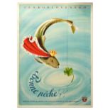 Travel Poster Lucky Fishing King Trout Clover Czechoslovakia