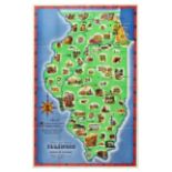 Travel Poster Illinois Illustrated Map Scenic Historic State Lincoln USA