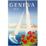 Travel Poster Geneva Lake Switzerland Yacht Jet d'Eau