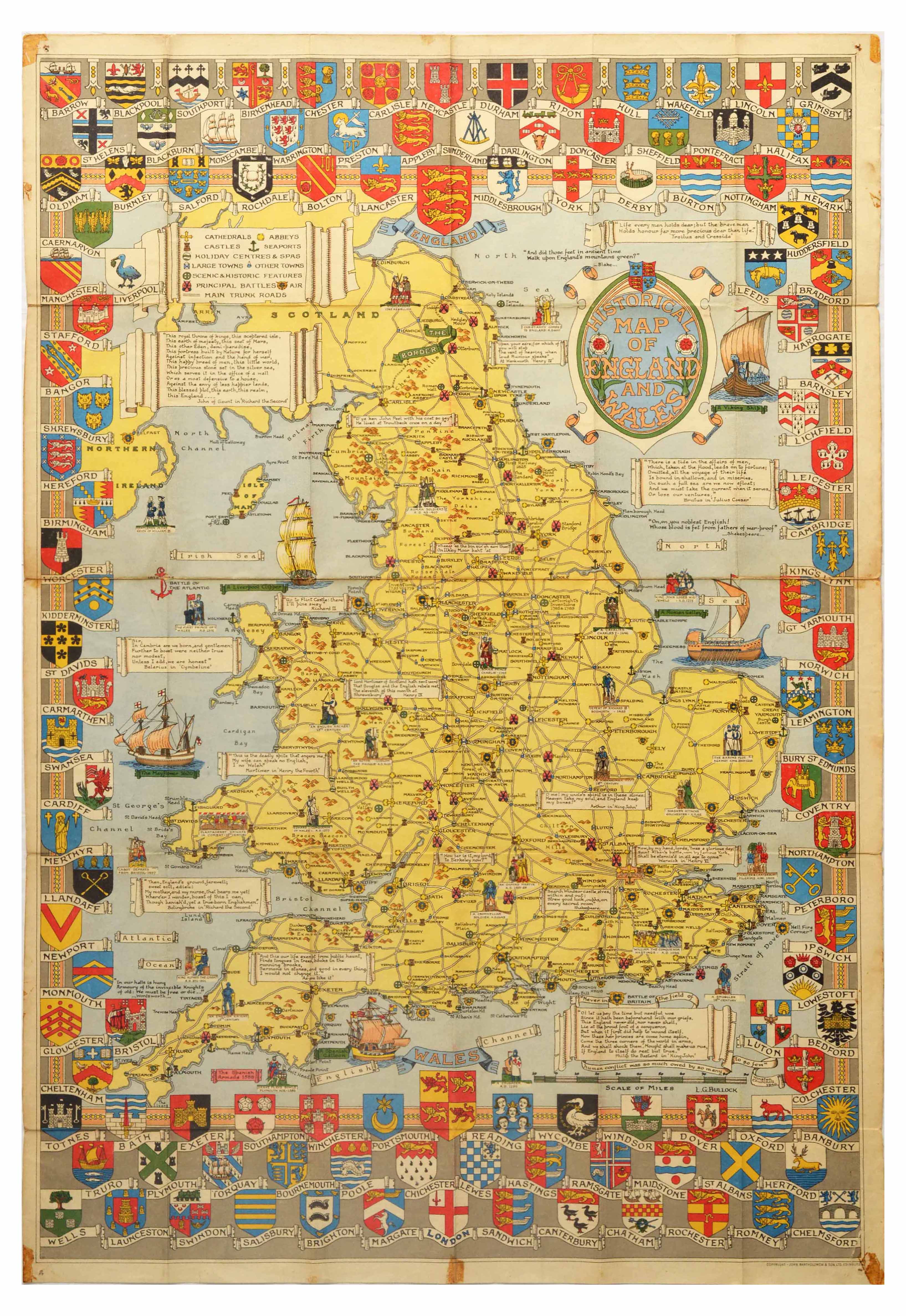 Travel Poster Illustrated Map Historical England Wales Bullock