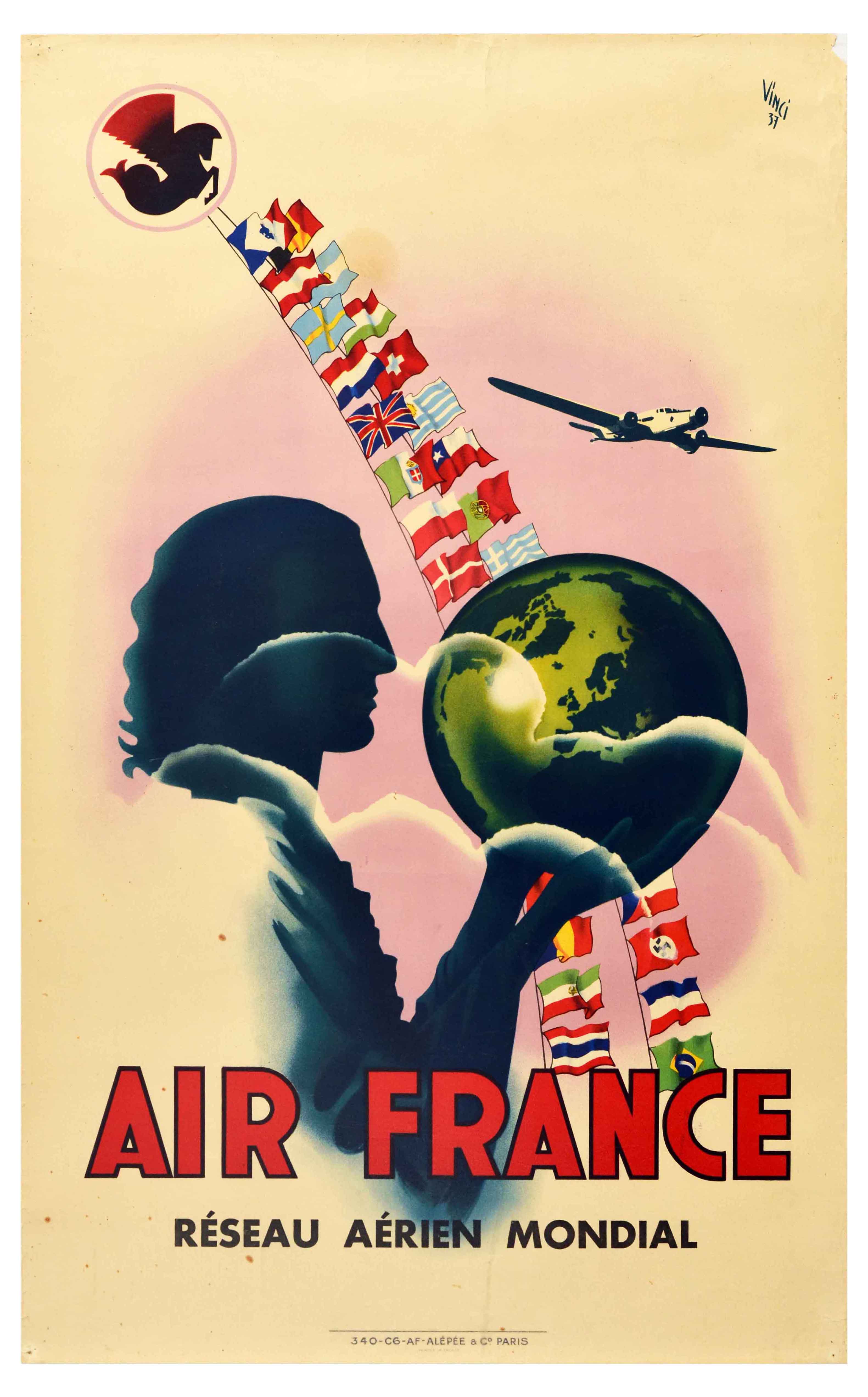 Advertising Poster Air France Airline Globe Art Deco Vinci