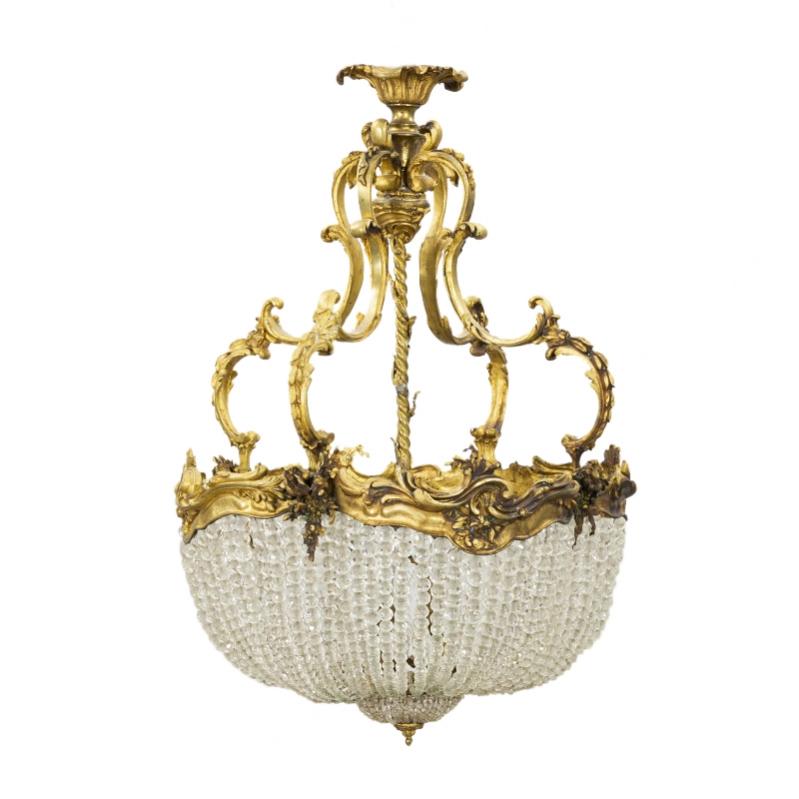 Chandelier of gilded bronze for five candles with crystal frame in Napoleon III style.