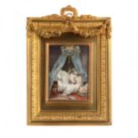 Playful miniature on bones in a gold frame.