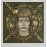 Fuchs, Ernst. (Herbst [?] - Kopf eines Mädchens mit Pfirsichen im Hintergrund). Farbradierung auf