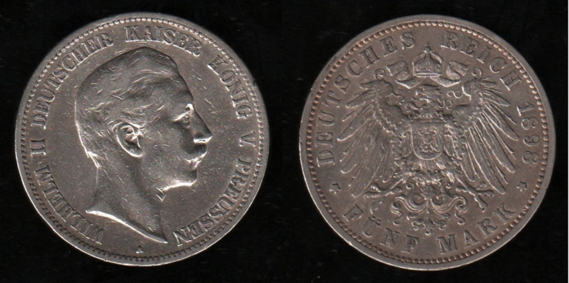 Deutsches Reich. Silbermünze. 5 Mark. Wilhelm II., Deutscher Kaiser. A 1898. Vorderseite: Porträt