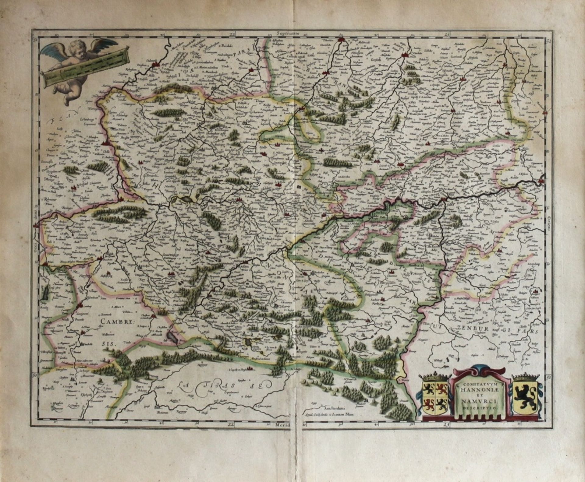 Belgien. Hennegau und Namur. Altkoloriert Kupferstichkarte von Wilhelm &amp; Johann Bleau ca.1650. B