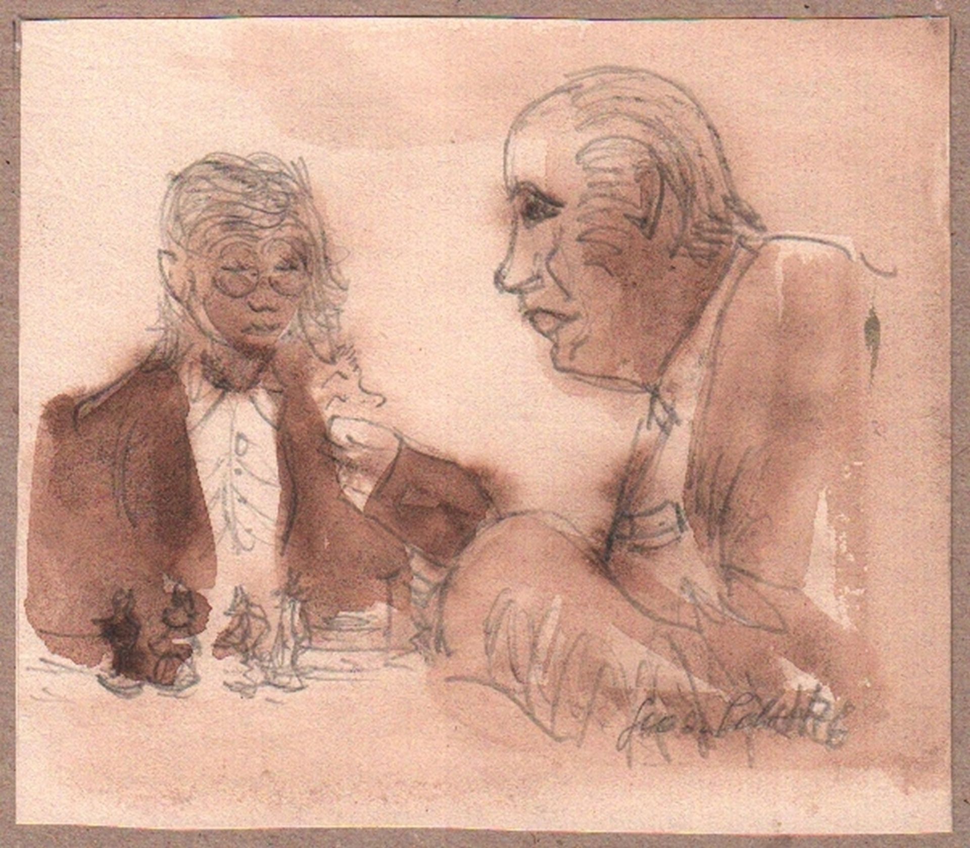 Schott, Georg. (Zwei Herren beim Schach). Aquarell / Bleistift (Mischtechnik) auf Papier. Im unteren