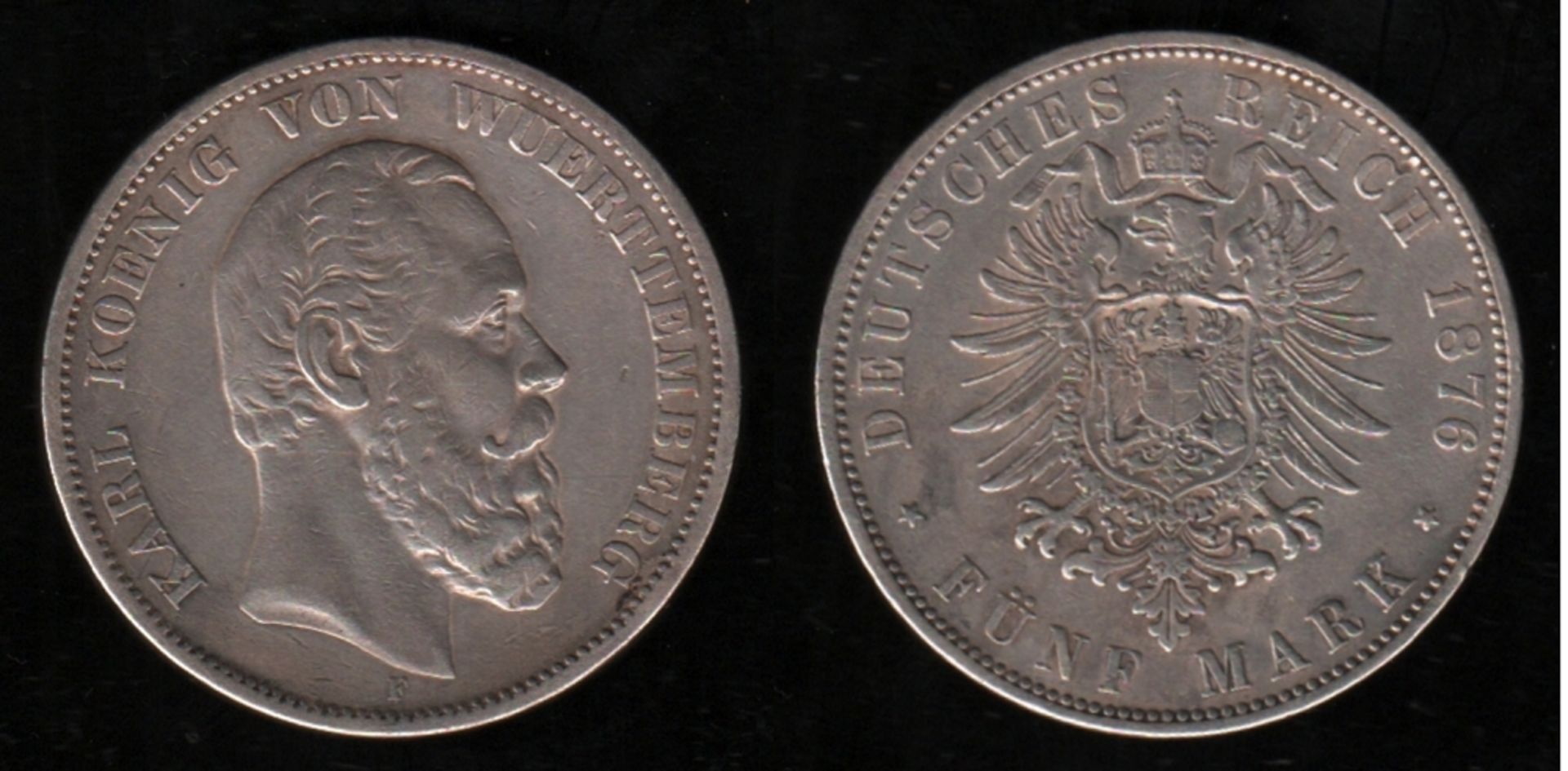 Deutsches Reich. Silbermünze. 5 Mark. Karl, König von Württemberg. F 1876. Vorderseite: Porträt