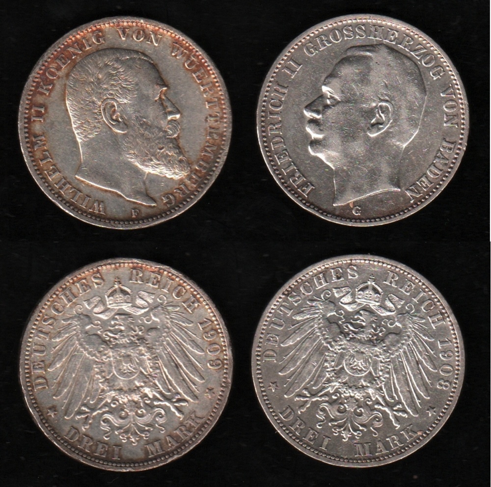 Deutsches Reich. Silbermünze. 3 Mark. Wilhelm II., König von Württemberg. F 1909. Vorderseite: