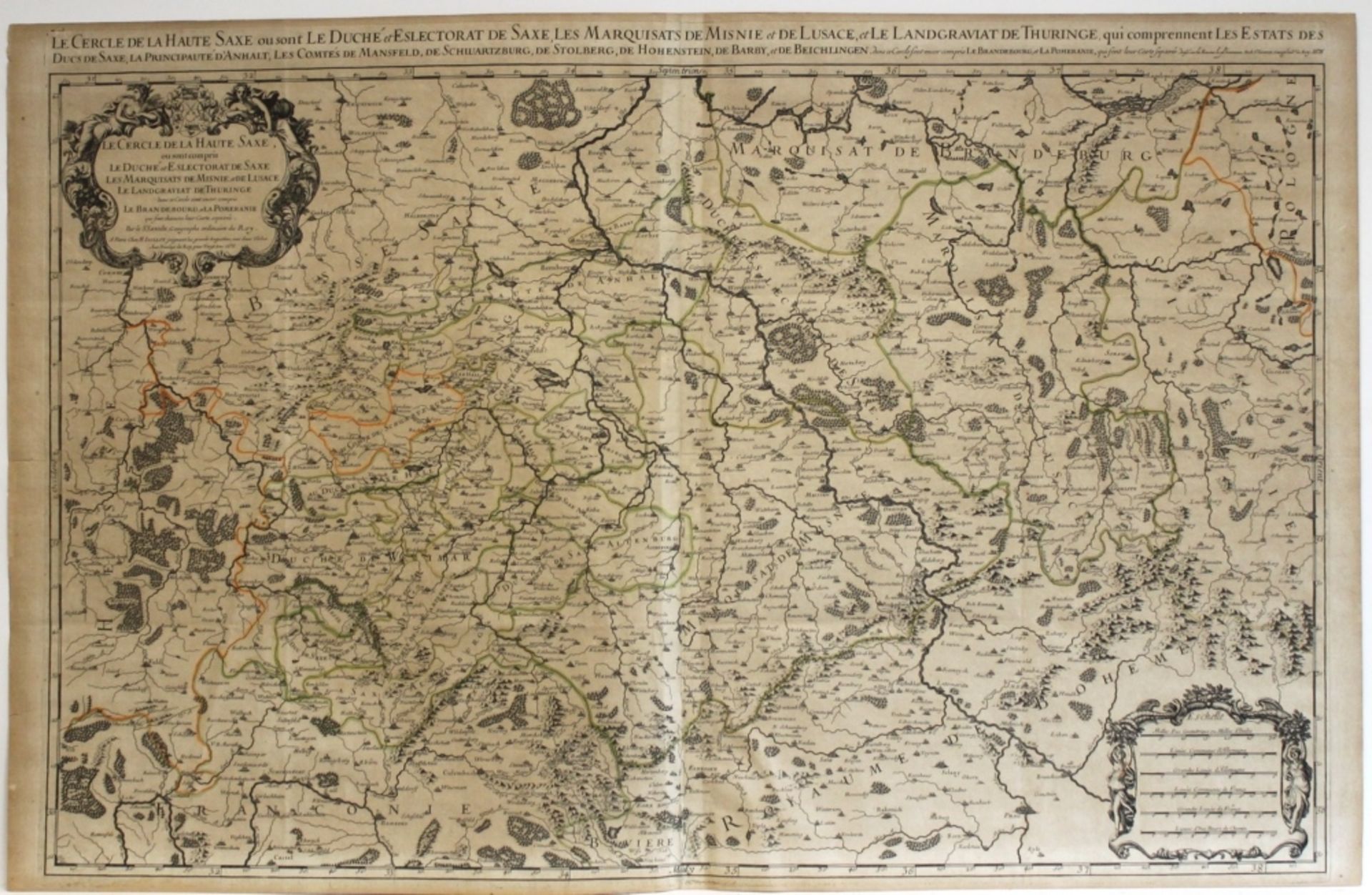 Sachsen. Grenzkolorierte Kupferstichkarte von S. Sanson, bei Jaillot, Paris 1676. Bildgröße 86 x 54 