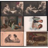 Postkarte. Galante Paare beim Schachspiel. 12, teils farbige und meist postalisch gelaufene