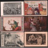 Postkarte. Galante Paare beim Schachspiel. 12, teils farbige, postalisch gelaufene Postkarten, aus