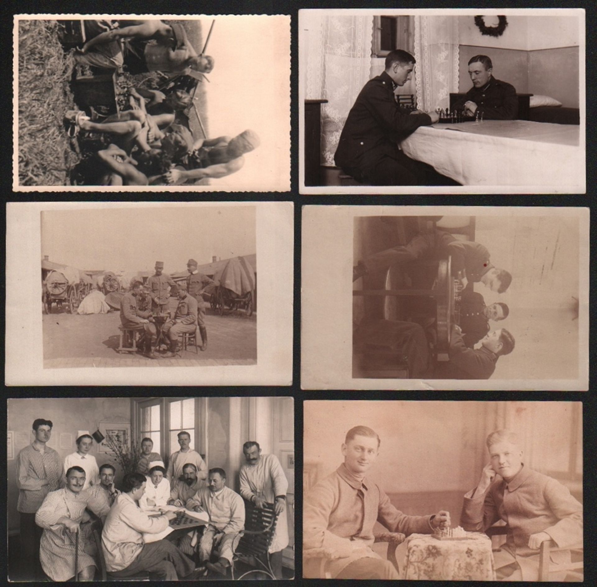 Postkarte. Soldaten beim Schachspiel. 6 schwarzweiße und teilweise postalisch gelaufene Postkarten
