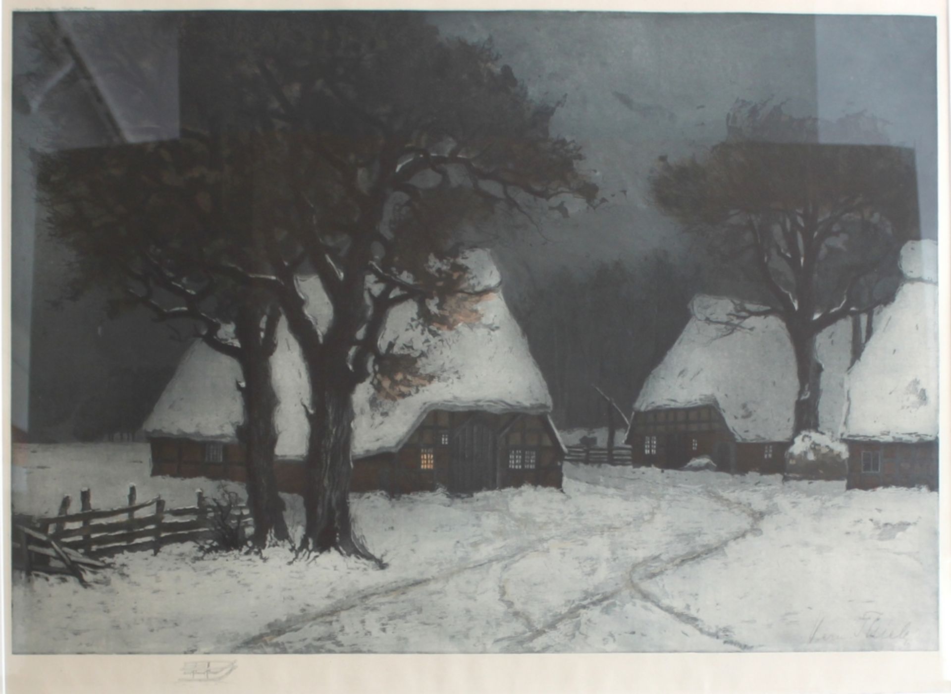 Thiele, Hermann. (Worpswede - Winterlandschaft mit reetgedeckten Bauernhäusern). Farbradierung auf