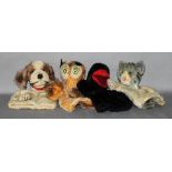 Kinderspielzeug. Steiff. Vier Handpuppen - Pinguin, Eule, Hund und Katze. Drei Handpuppen original