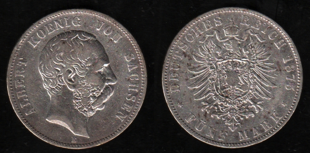 Deutsches Reich. Silbermünze. 5 Mark. Albert, König von Sachsen. E 1875. Vorderseite: Porträt von