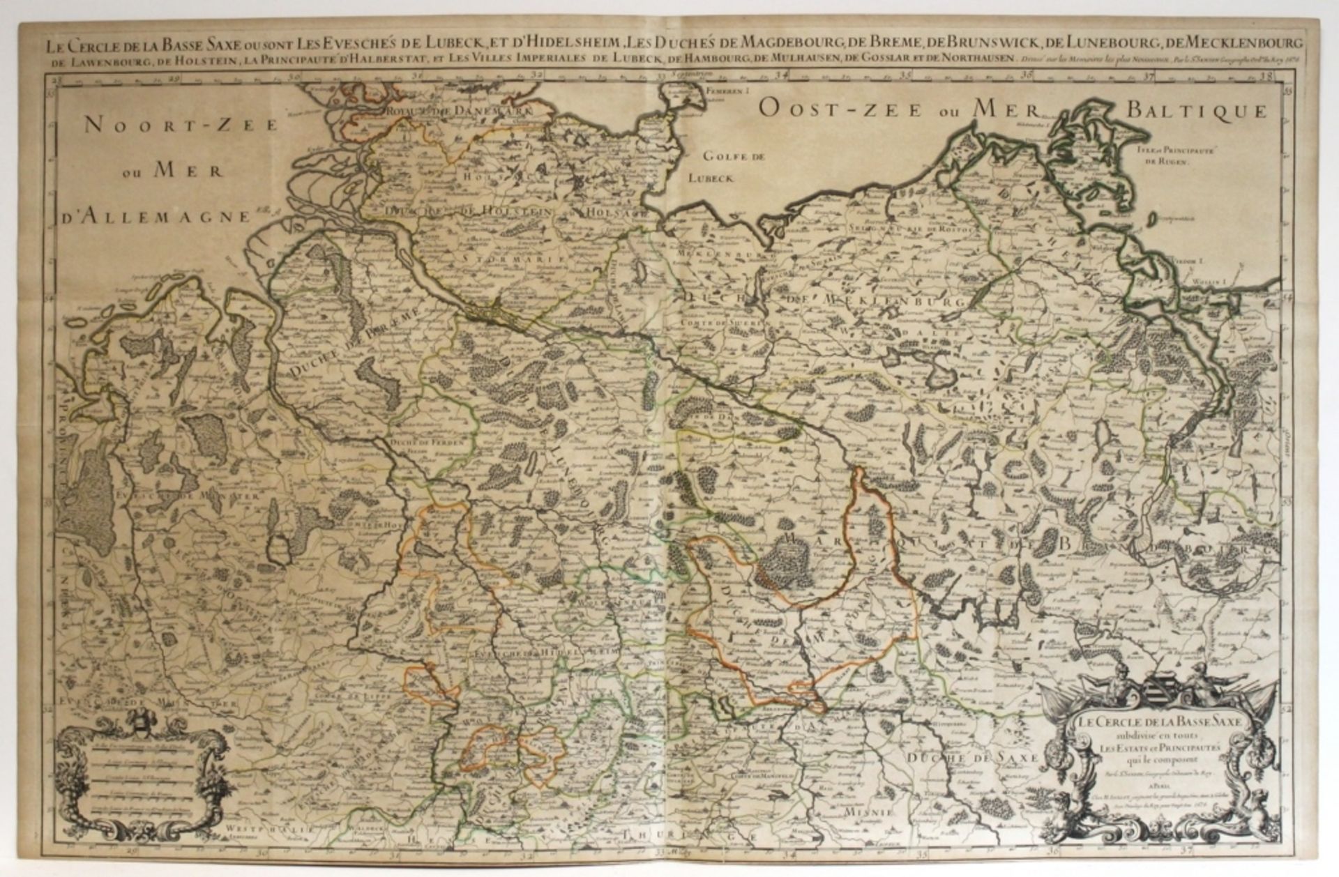 Niedersachsen. Grenzkolorierte Kupferstichkarte von S. Sanson, bei Jaillot, Paris 1692. Bildgröße 86