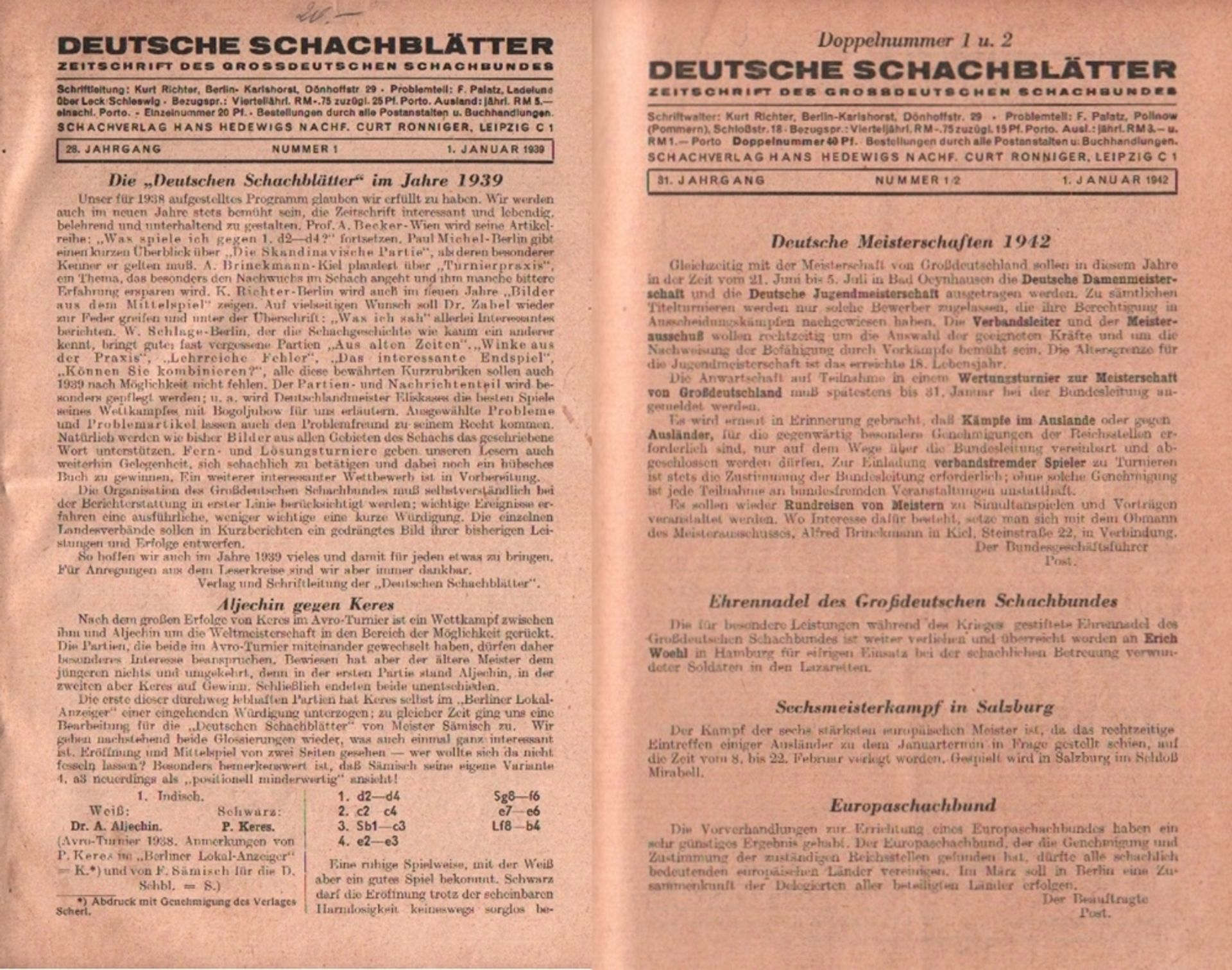 Deutsche Schachblätter. Zeitschrift des Großdeutschen Schachbundes. Schriftleitung: Kurt Richter.