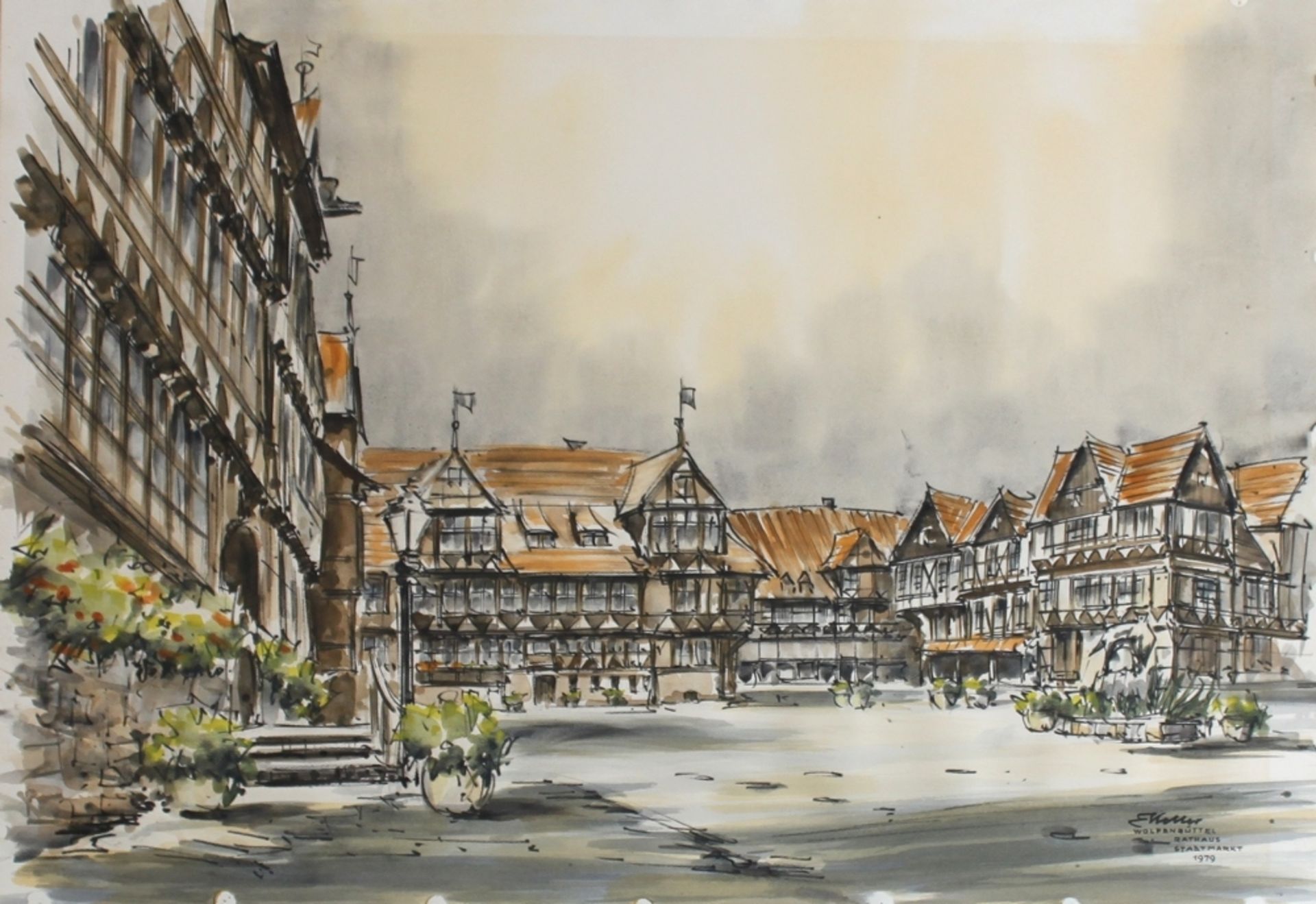 Wolfenbüttel. Keller, Erich. "Wolfenbüttel - Rathaus / Stadtmarkt". Farbig aquarellierte Zeichnung. 