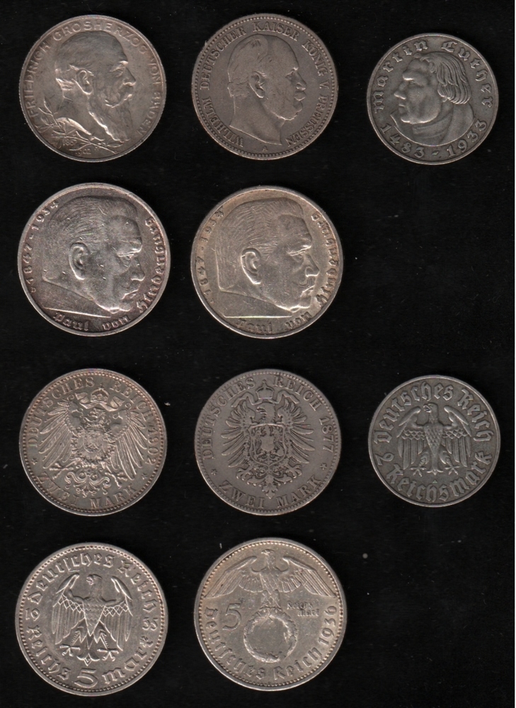 Deutsches Reich. Silbermünzen. 5 und 2 Mark / Sammlung von 2 Münzen zu 5 Mark und 3 Münzen zu 2