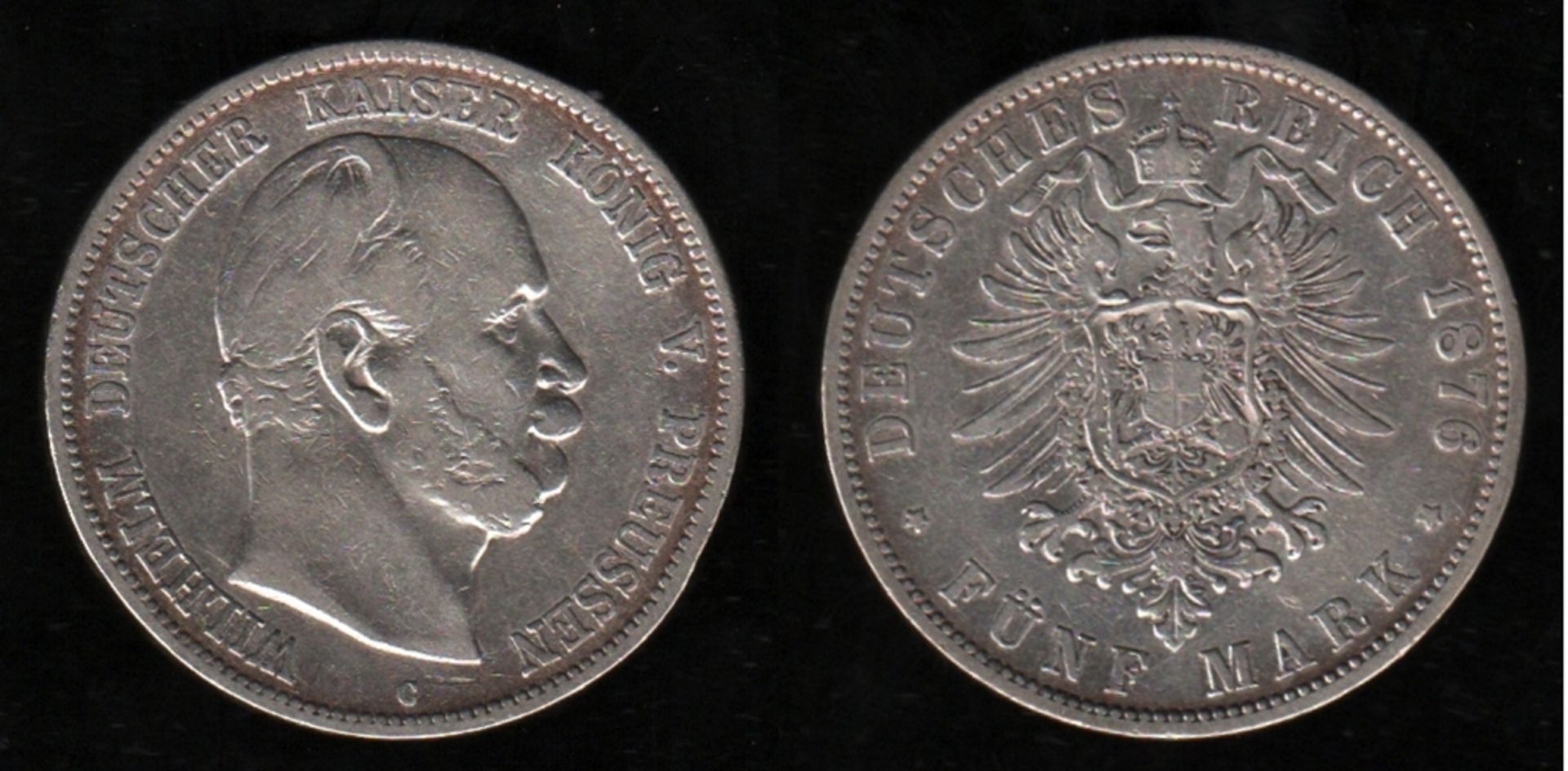 Deutsches Reich. Silbermünze. 5 Mark. Wilhelm I., Deutscher Kaiser. C 1876. Vorderseite: Porträt