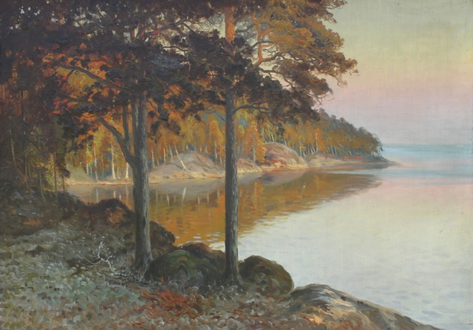 Brandt, Carl. (Sonnenuntergang über dem See). Ölgemälde auf Leinwand über Keilrahmen. Unten links