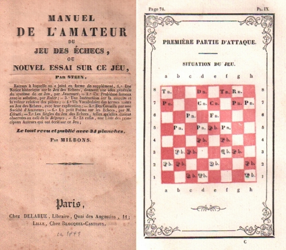 Stein, (Elias). Manuel de l'amateur du jeu des échecs, ou nouvel essai sur ce jeu ... édition à