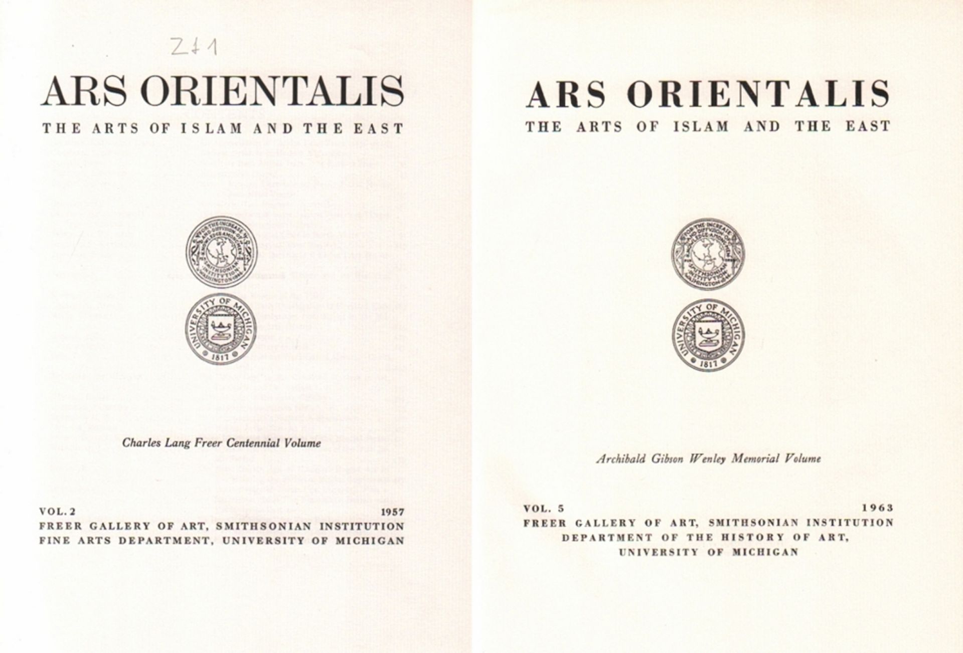 Islamistik. Ars Orientalis. The Arts of Islam and the East. Verschiedene Herausgeber. Bände 2 bis