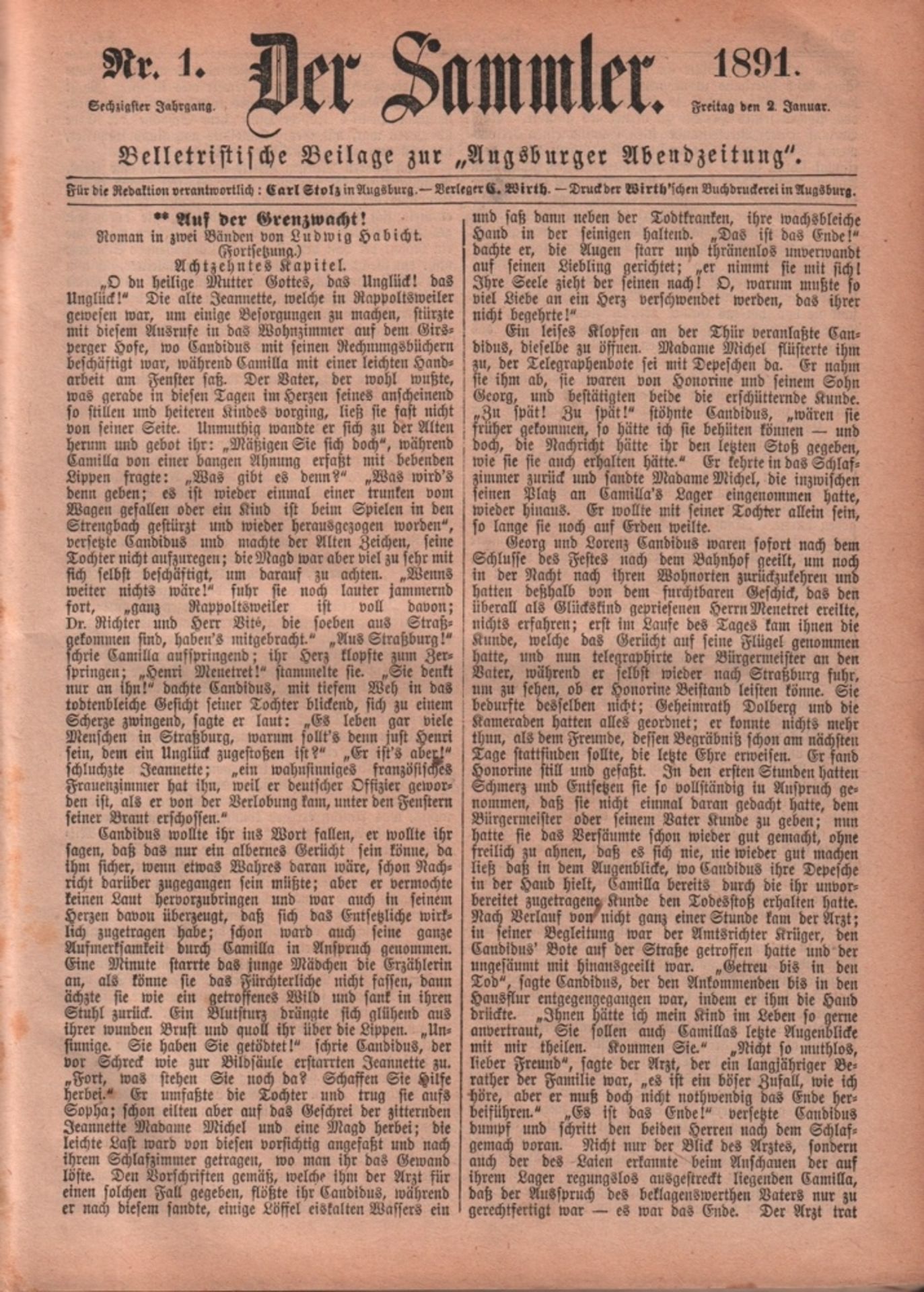 Der Sammler - 1891. Belletristische Unterhaltungsbeilage zur "Augsburger Abendzeitung". Für die