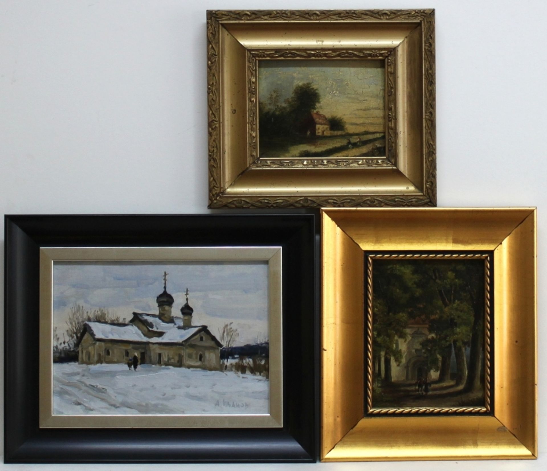Landschaftsbilder. Drei kleinformatige Landschaftsbilder. Ölgemälde auf Holz und Malpappe. Zum