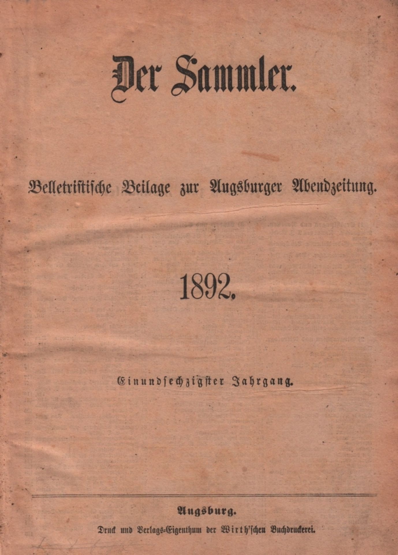 Der Sammler - 1892. Belletristische Unterhaltungsbeilage zur "Augsburger Abendzeitung". Für die