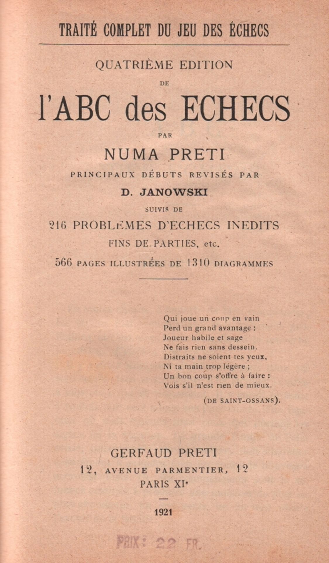 Preti, Numa. Traité complet du jeu des échecs. Quatrième édition de l'ABC des échecs. Principaux