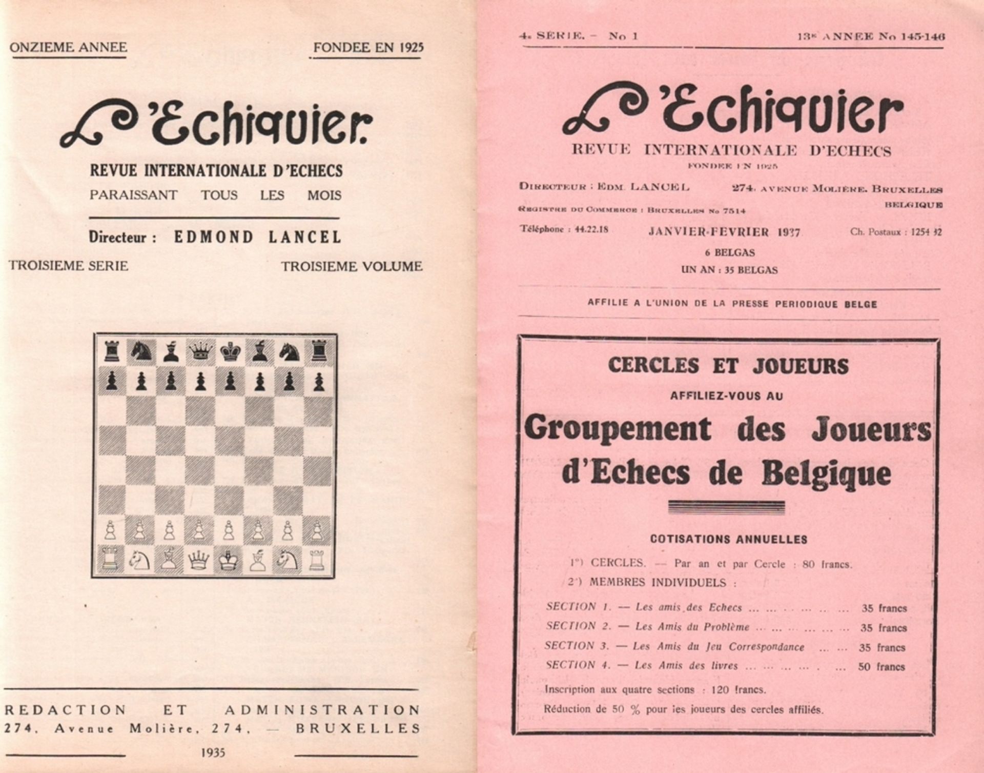 L'Echiquier. Revue Internationale d'Echecs. Directeur: Edm. Lancel. 11. Jahrgang 1935, No. 121 / 122