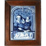 Steingut. Villeroy - Boch. Wandbild "Der lustige Zecher" im originalen Holzrahmen. Keramik in blauen