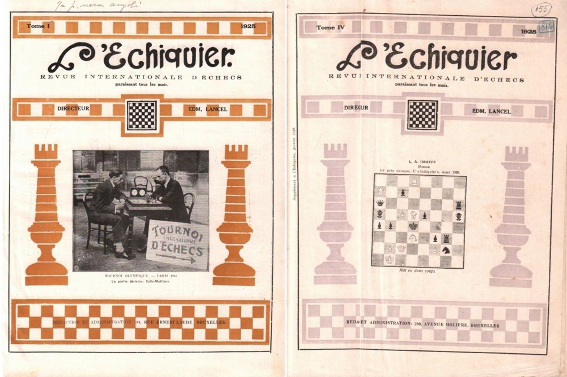 L'Echiquier. Revue Internationale d'Echecs paraissant tous les mois. Directeur: Edmond Lancel. 4