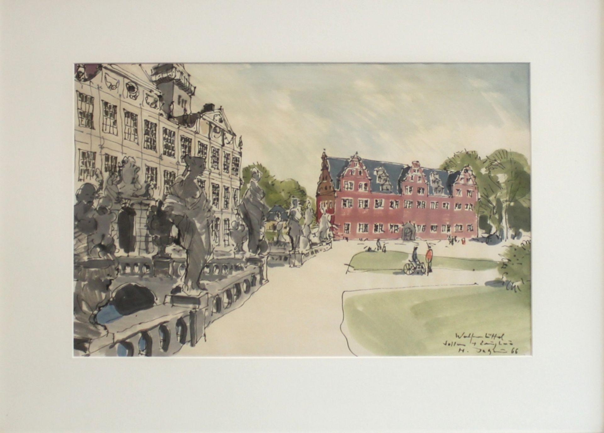 Wolfenbüttel. Jalin, H. (?). "Wolfenbüttel - Schloss und Zeughaus". Farbig aquarellierte