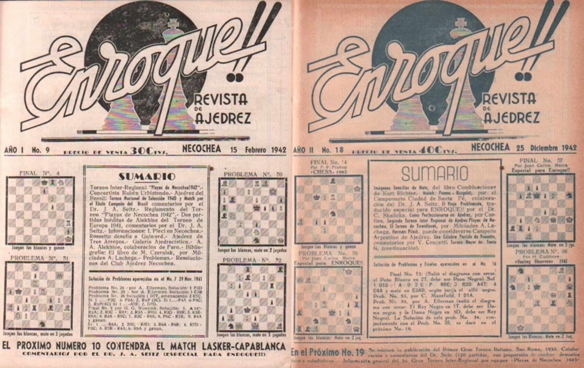 Enroque. Revista de Ajedrez. Director Propietario: Santiago Oliva. Necochea 1941 - 1942. 8°. Mit