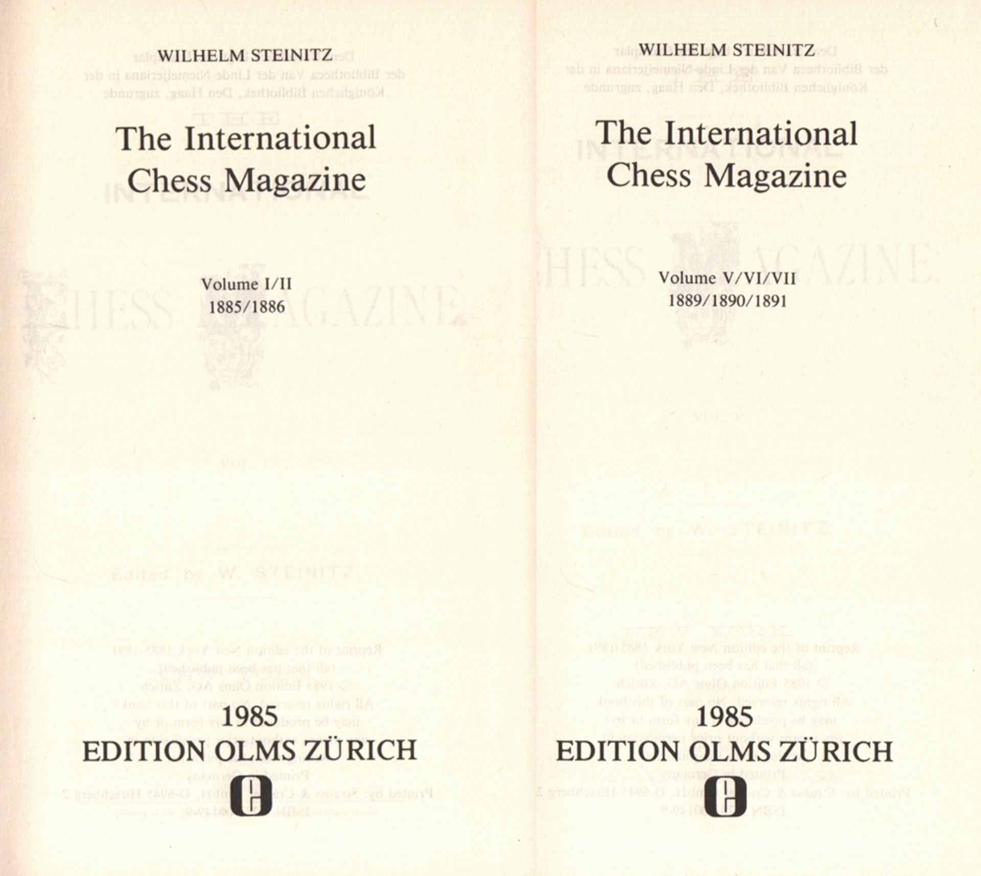 The International Chess Magazine. Hrsg. von Wilhelm Steinitz. Nachdruck der Ausgabe New York
