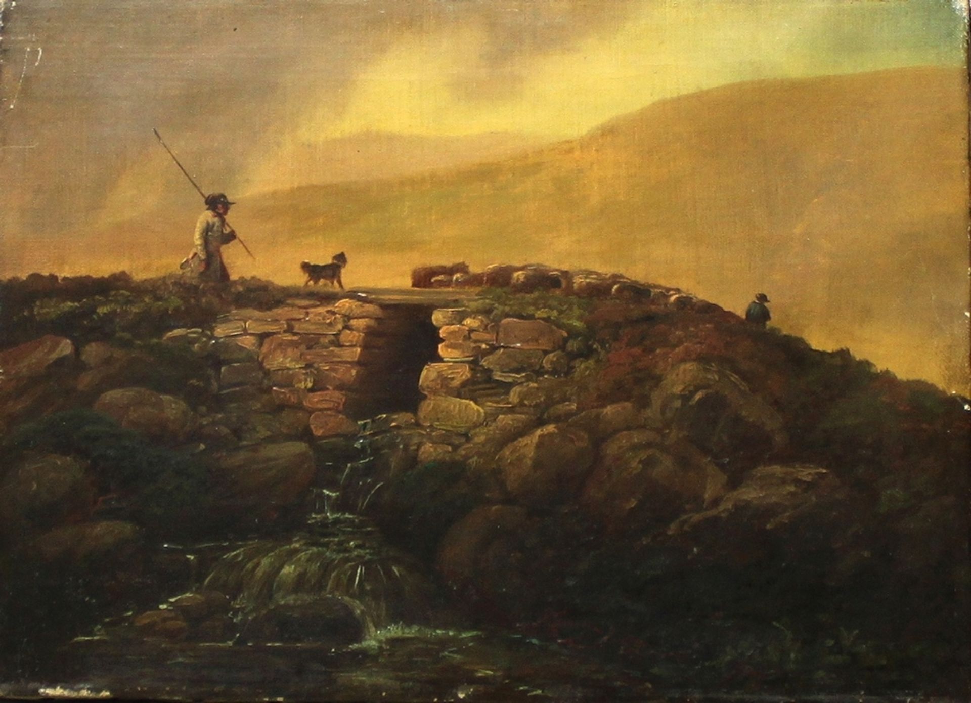 Brüning, Heinrich Christian (?). (Schäfer mit Hund und Schafherde). Ölgemälde auf Leinwand über