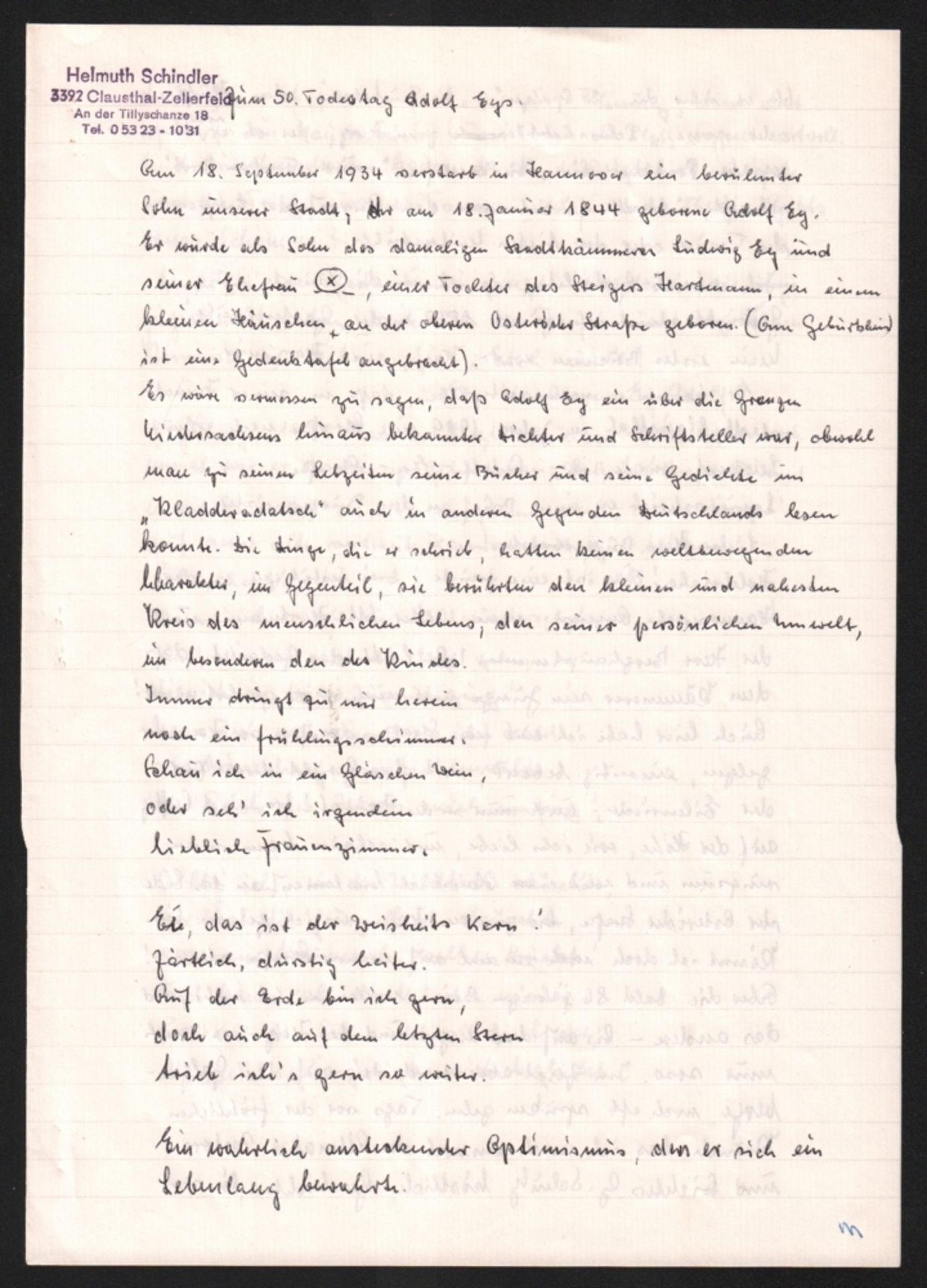 Harz. Ey, Adolf. Eine private Sammlung von Briefen, Schriften und Gedichten von Adolf Ey. - Bild 3 aus 3