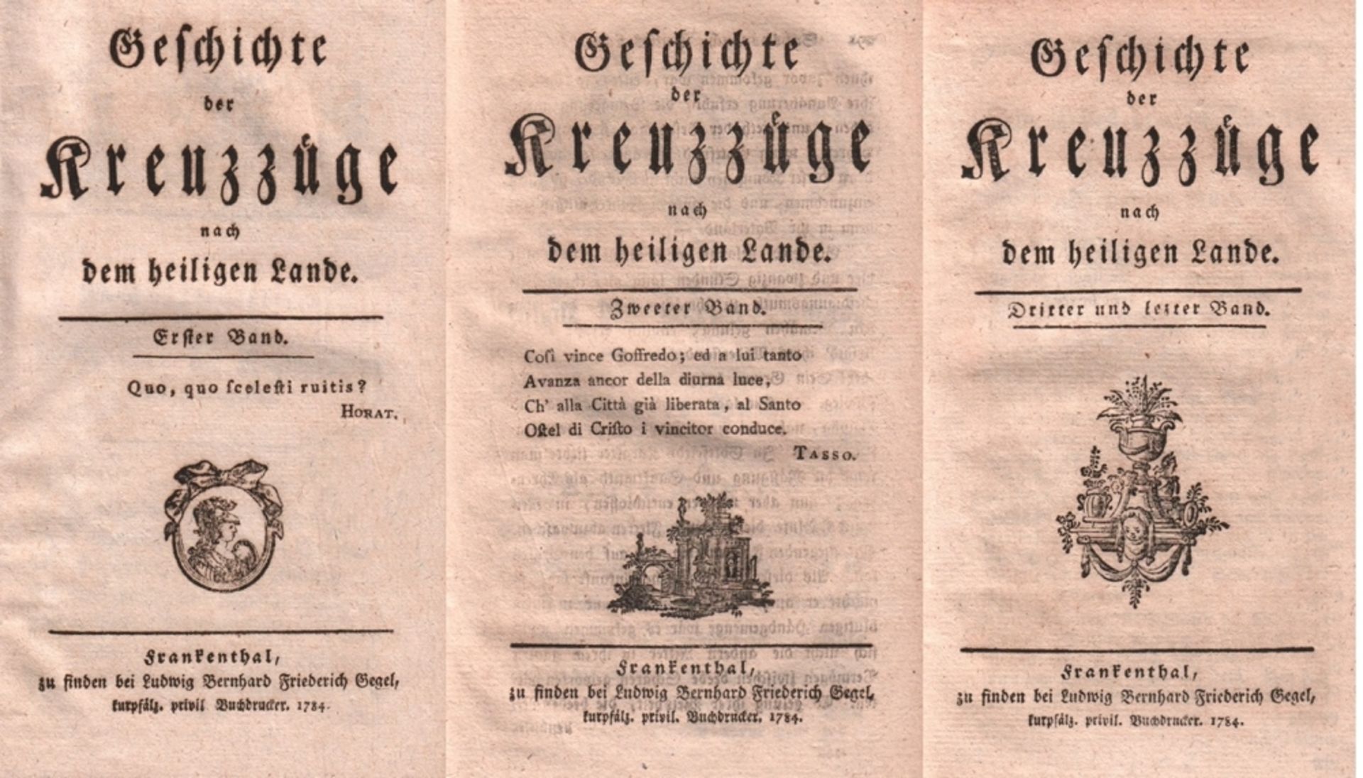 Kreuzzüge. (Heller, Wilhelm Friedrich). Geschichte der Kreuzzüge. 3 Bände. Frankenthal, Gegel, 1784,