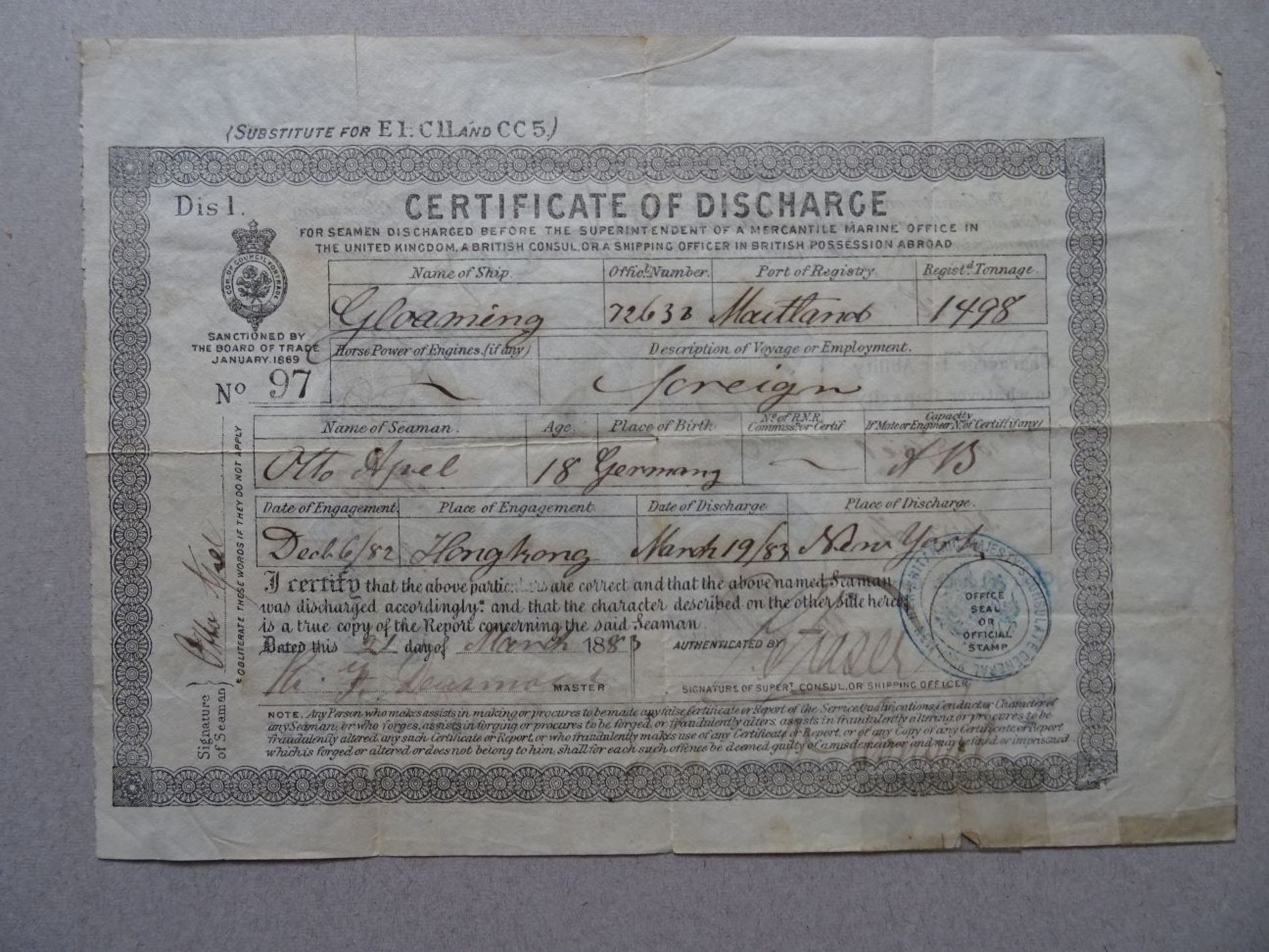 Certificate of Discharge 1883 - Bild 2 aus 5