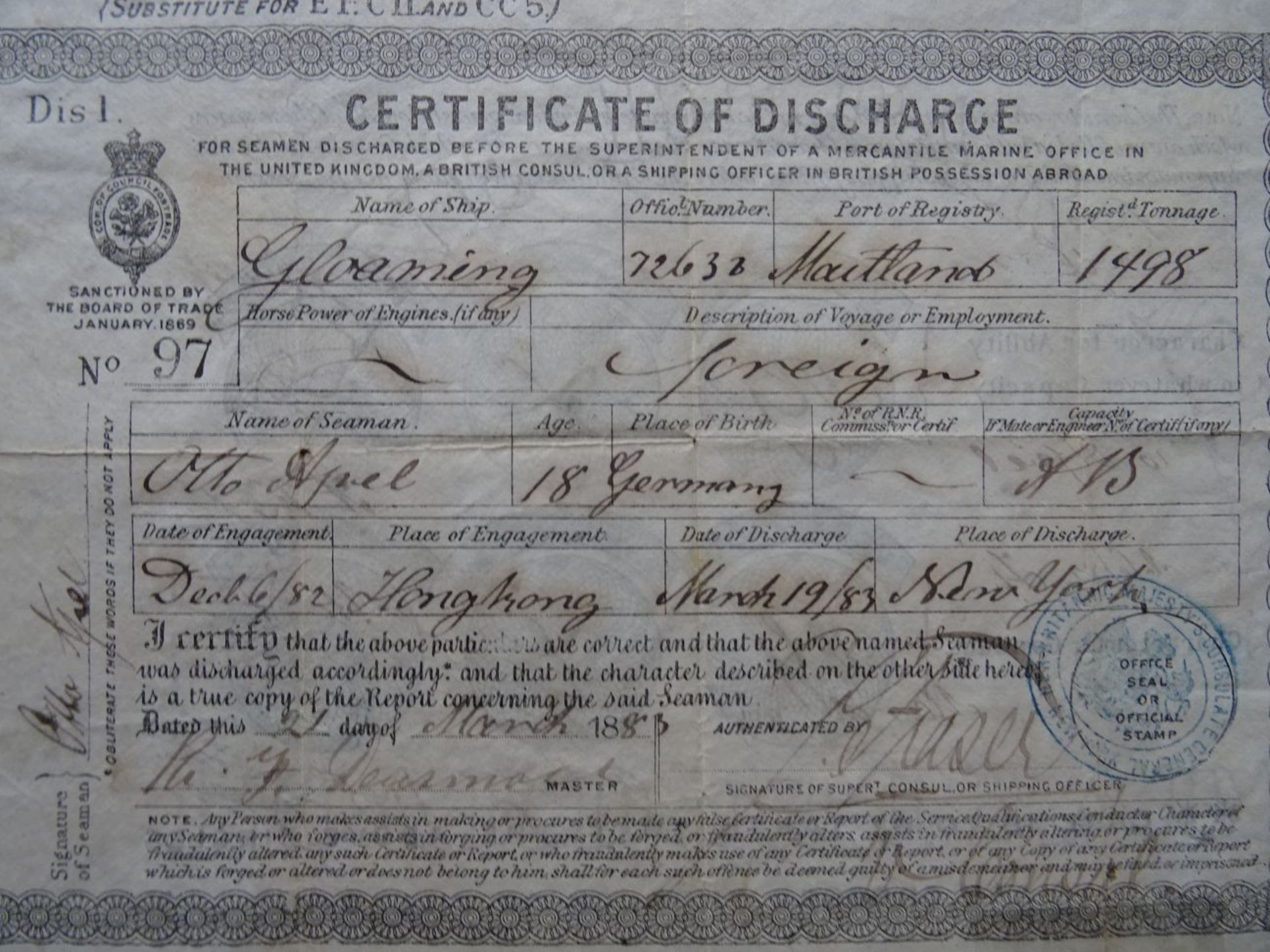 Certificate of Discharge 1883