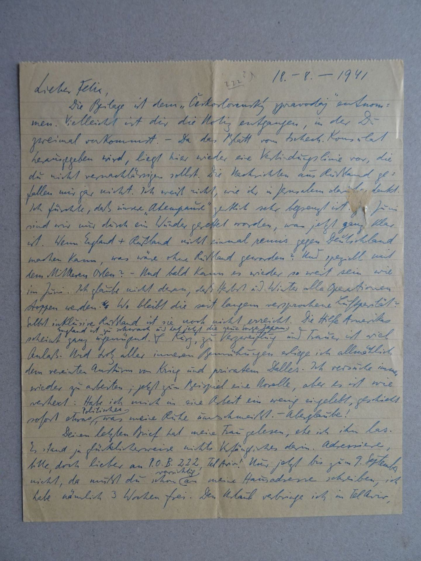 Brod - Brief an Weltsch August 1941 - Bild 2 aus 3