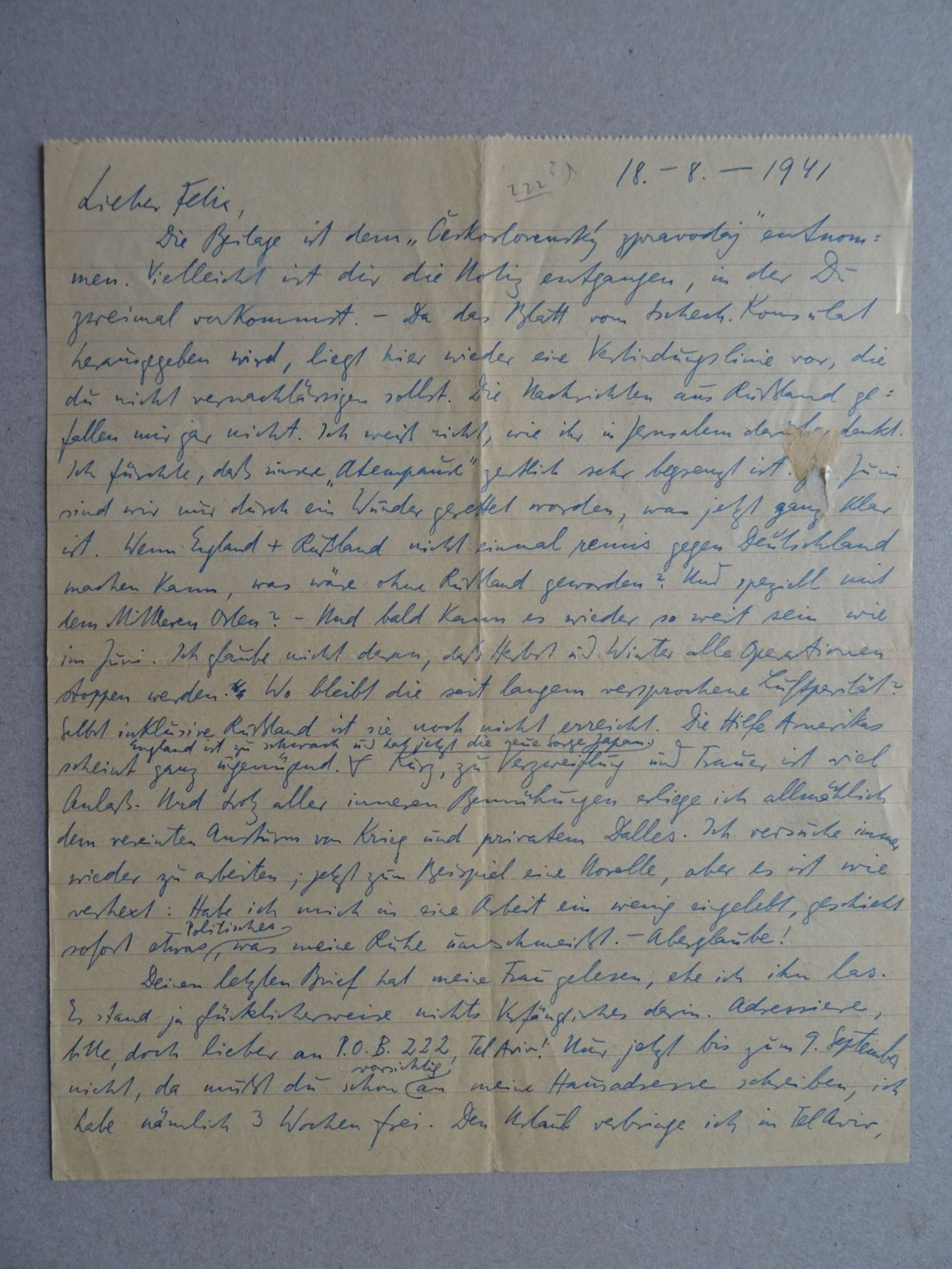 Brod - Brief an Weltsch August 1941 - Image 2 of 3