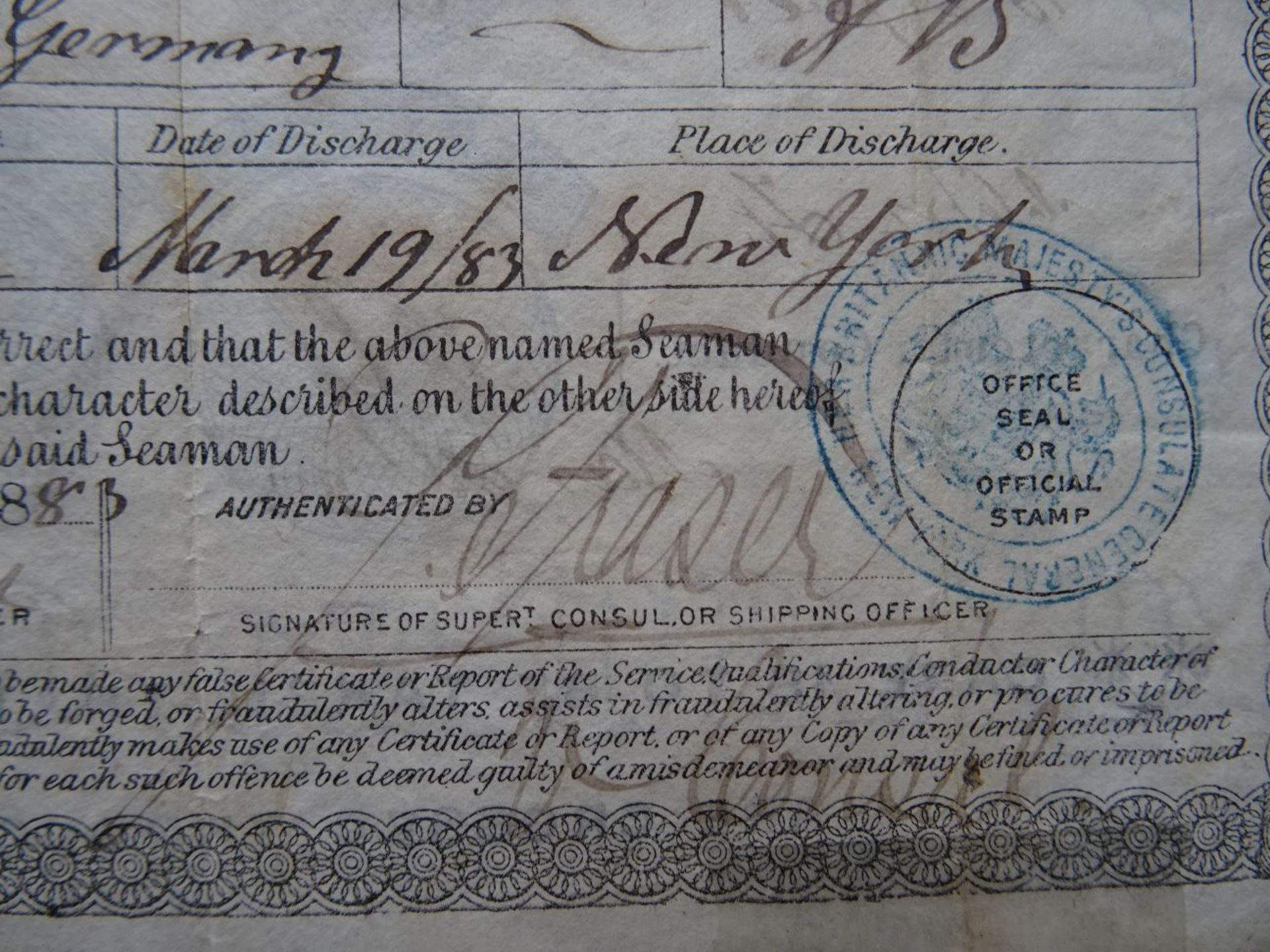 Certificate of Discharge 1883 - Bild 3 aus 5