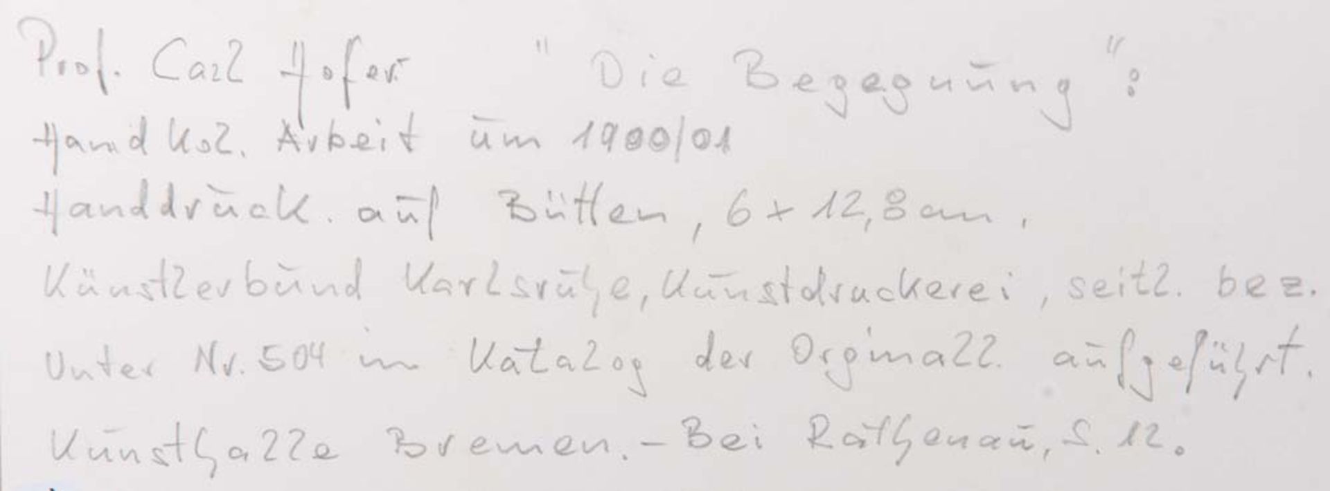 Karl Hofer (1878-1955). „Die Begegnung“. Handdruck, re./u./monogr., verso bez., hi./Gl./gerahmt, 6 x - Bild 2 aus 2